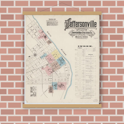 Old map wall art mockup — magnetic wood frame on brick wall — Sanborn Fire Insurance Map from Jeffersonville, Clark County, Indiana (1886) - Complete Map Set