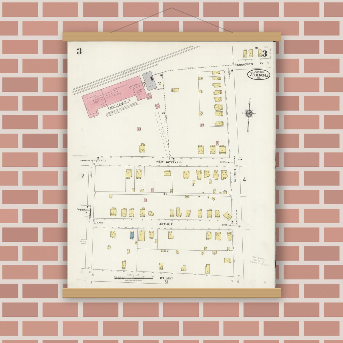 Old map wall art mockup — magnetic wood frame on brick wall — Sanborn Fire Insurance Map from Zelienople, Butler County, Pennsylvania (1925), Sheet #0003