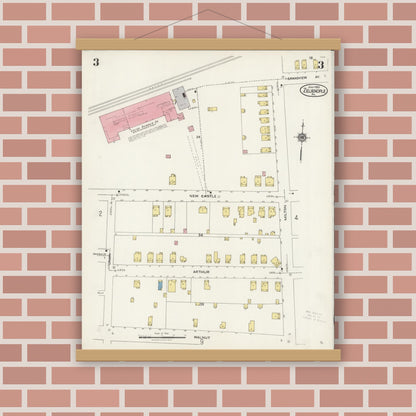 Old map wall art mockup — magnetic wood frame on brick wall — Sanborn Fire Insurance Map from Zelienople, Butler County, Pennsylvania (1925), Sheet #0003