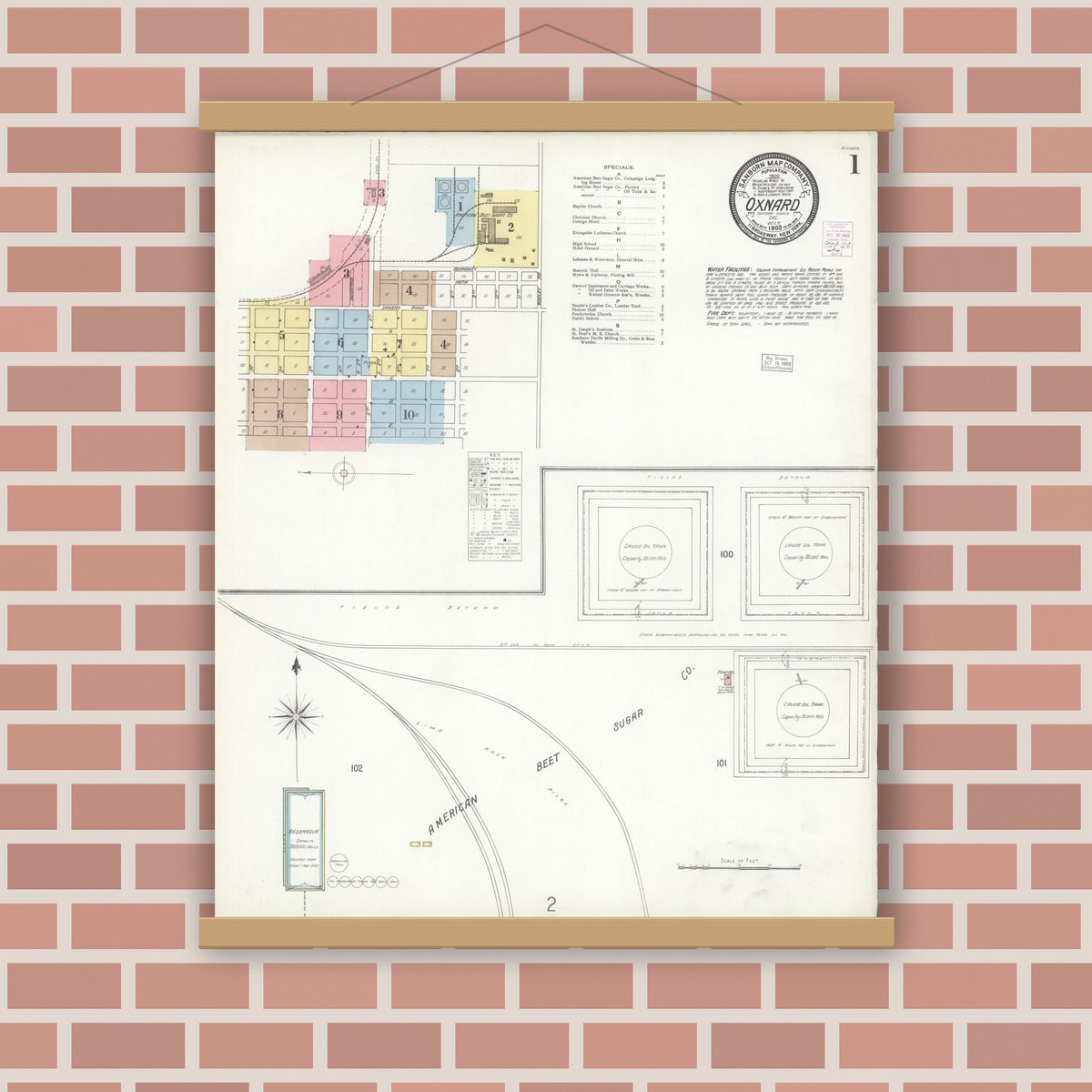 Old map wall art mockup — magnetic wood frame on brick wall — Sanborn Fire Insurance Map from Oxnard, Ventura County, California (1903) - Complete Map Set
