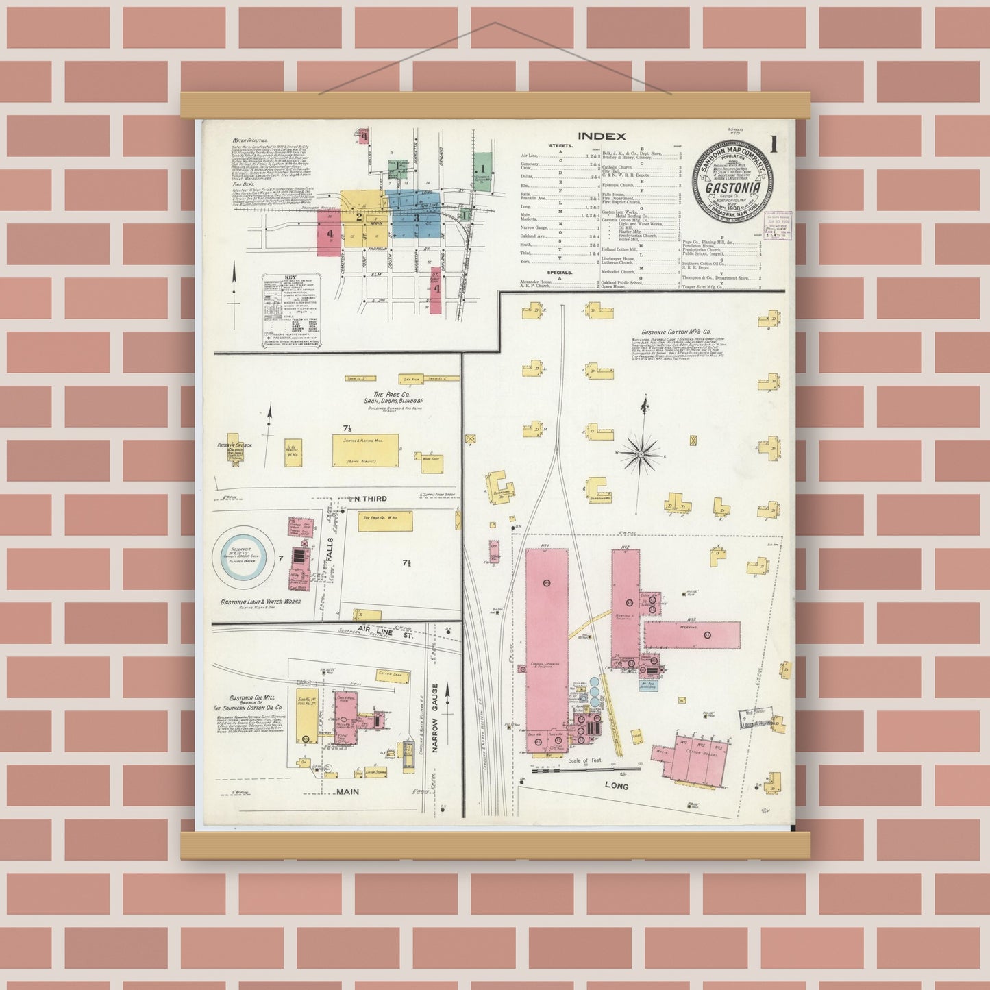Old map wall art mockup — magnetic wood frame on brick wall — Sanborn Fire Insurance Map from Gastonia, Gaston County, North Carolina (1908) - Complete Map Set