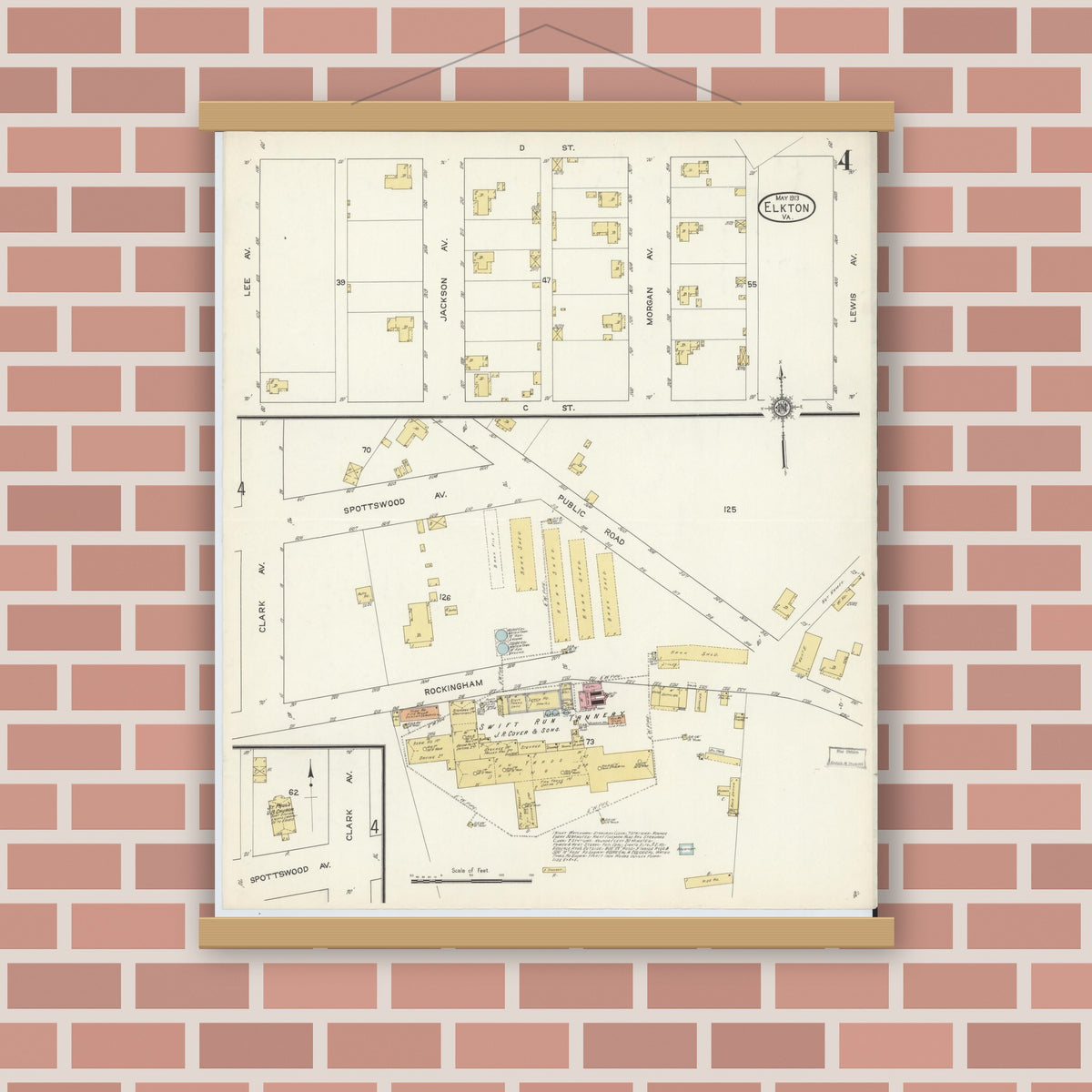 Old map wall art mockup — magnetic wood frame on brick wall — Sanborn Fire Insurance Map from Elkton, Rockingham County, Virginia (1913), Sheet #0004