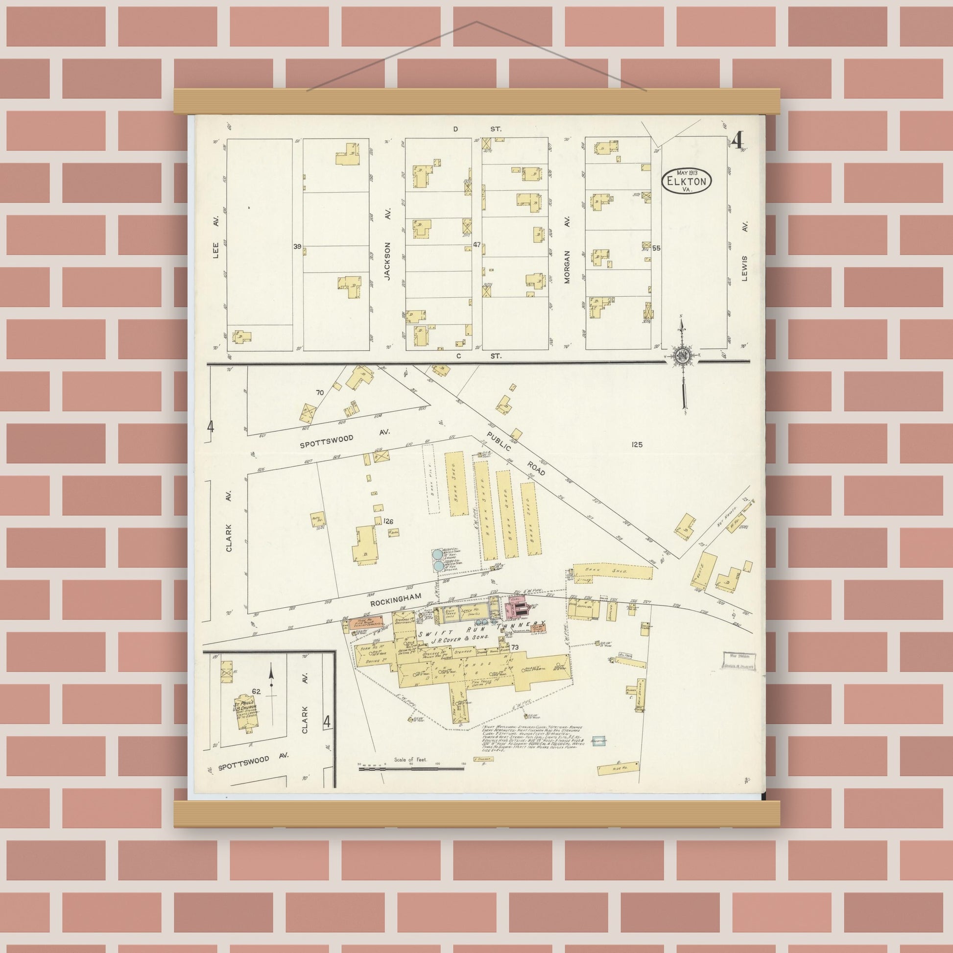 Old map wall art mockup — magnetic wood frame on brick wall — Sanborn Fire Insurance Map from Elkton, Rockingham County, Virginia (1913), Sheet #0004