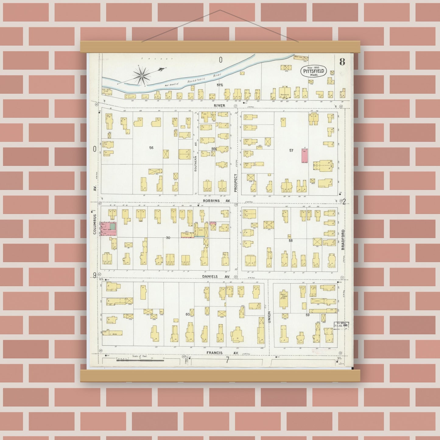 Old map wall art mockup — magnetic wood frame on brick wall — Sanborn Fire Insurance Map from Pittsfield, Berkshire County, Massachusetts (1900), Sheet #0008
