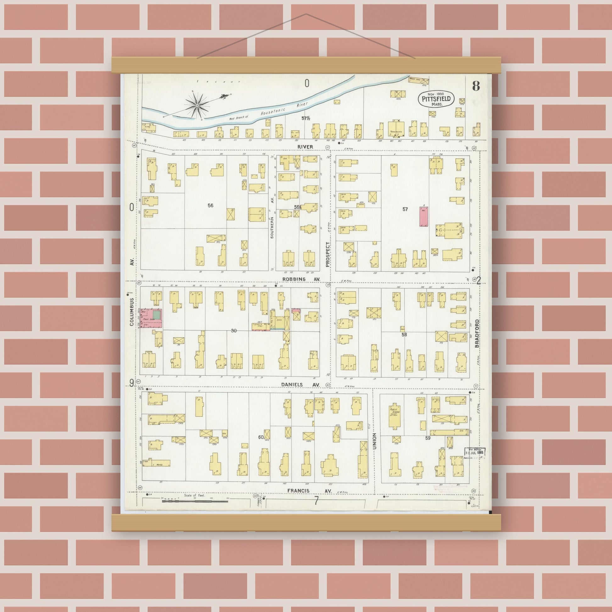 Old map wall art mockup — magnetic wood frame on brick wall — Sanborn Fire Insurance Map from Pittsfield, Berkshire County, Massachusetts (1900), Sheet #0008