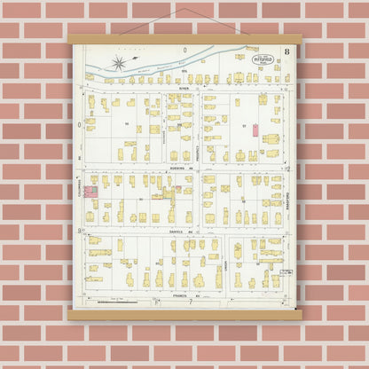 Old map wall art mockup — magnetic wood frame on brick wall — Sanborn Fire Insurance Map from Pittsfield, Berkshire County, Massachusetts (1900), Sheet #0008