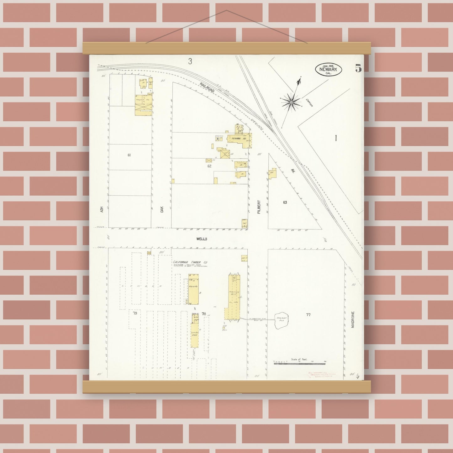 Old map wall art mockup — magnetic wood frame on brick wall — Sanborn Fire Insurance Map from Newark, Alameda County, California (1908), Sheet #0005