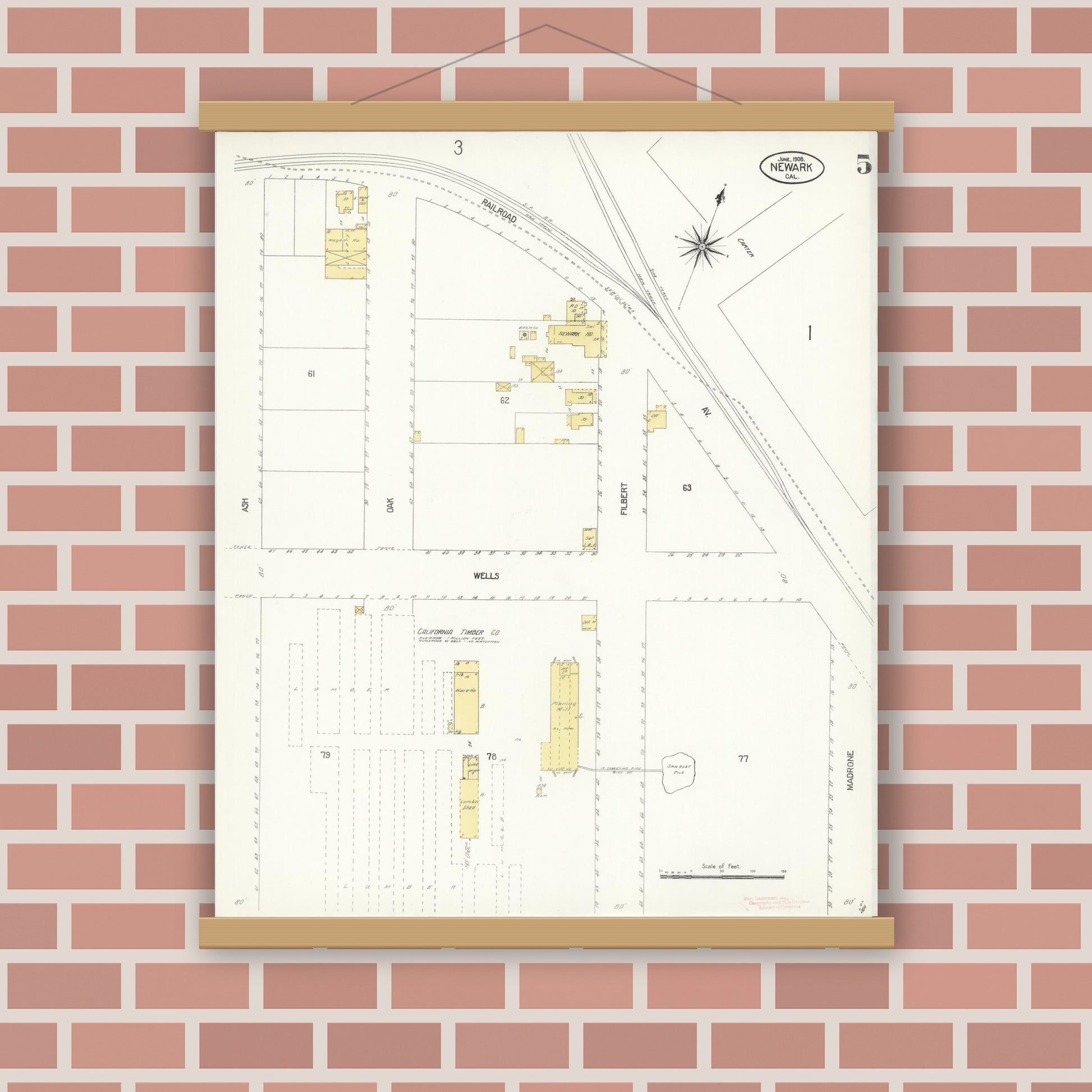 Old map wall art mockup — magnetic wood frame on brick wall — Sanborn Fire Insurance Map from Newark, Alameda County, California (1908), Sheet #0005