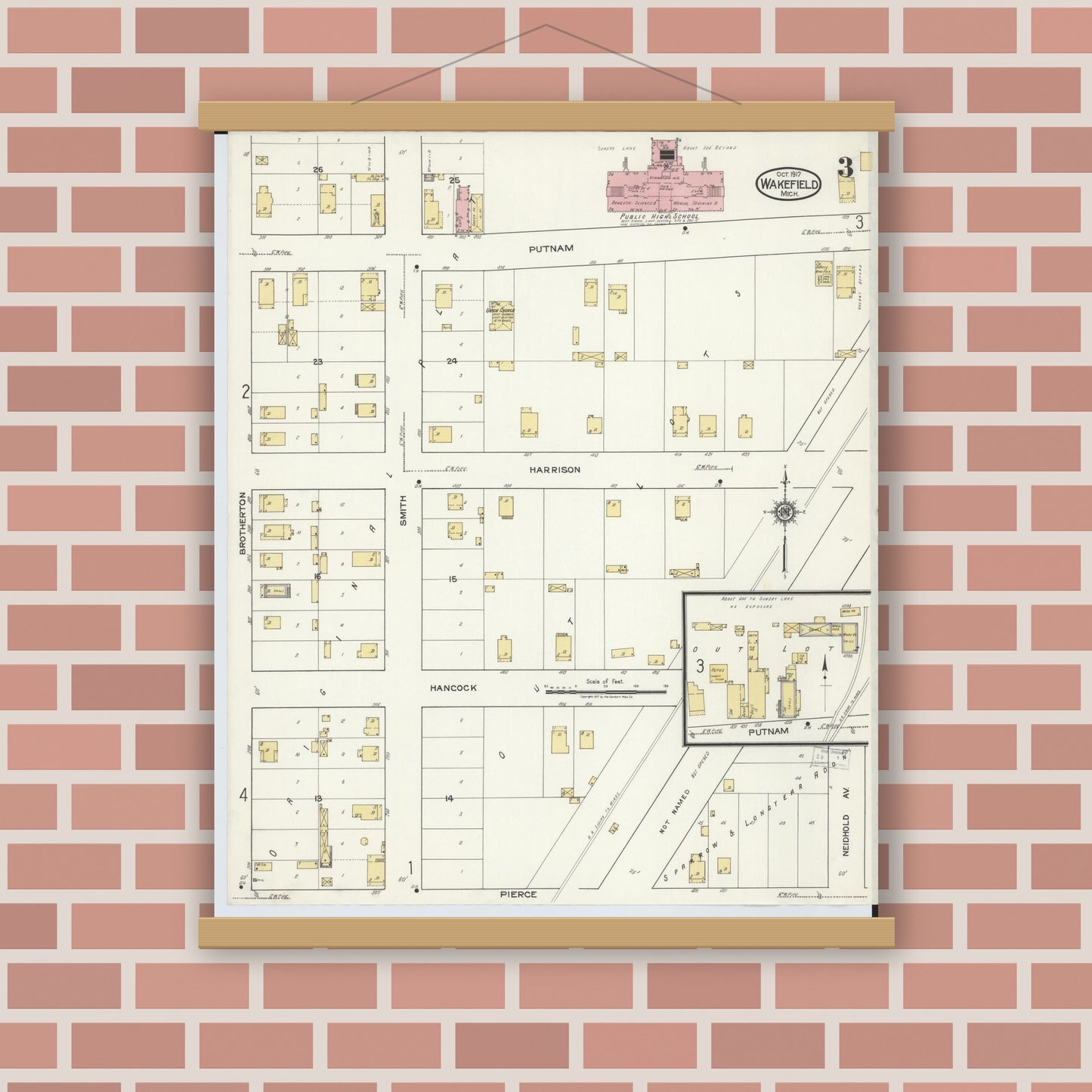 Old map wall art mockup — magnetic wood frame on brick wall — Sanborn Fire Insurance Map from Wakefield, Gogebic County, Michigan (1917), Sheet #0003