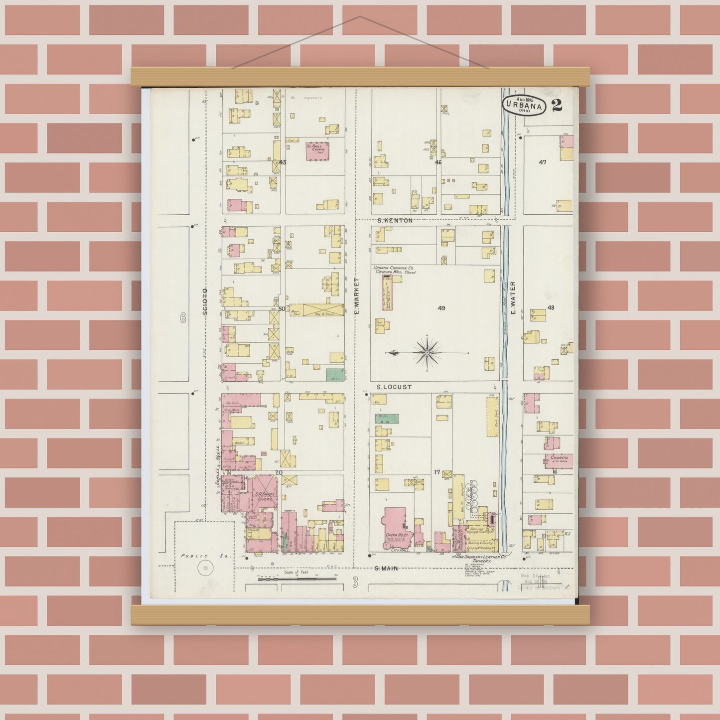 Old map wall art mockup — magnetic wood frame on brick wall — Sanborn Fire Insurance Map from Urbana, Champaign County, Ohio (1895), Sheet #0002