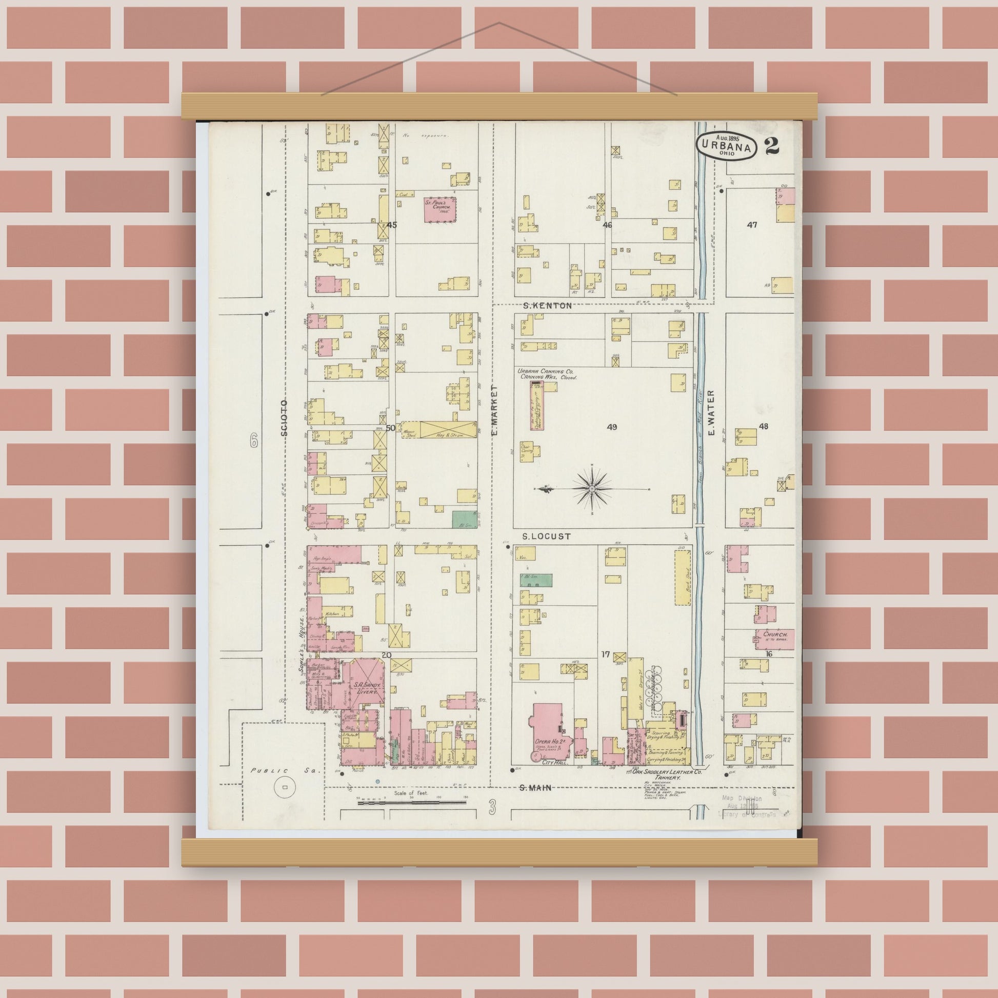 Old map wall art mockup — magnetic wood frame on brick wall — Sanborn Fire Insurance Map from Urbana, Champaign County, Ohio (1895), Sheet #0002