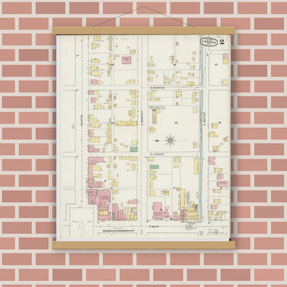Old map wall art mockup — magnetic wood frame on brick wall — Sanborn Fire Insurance Map from Urbana, Champaign County, Ohio (1895), Sheet #0002