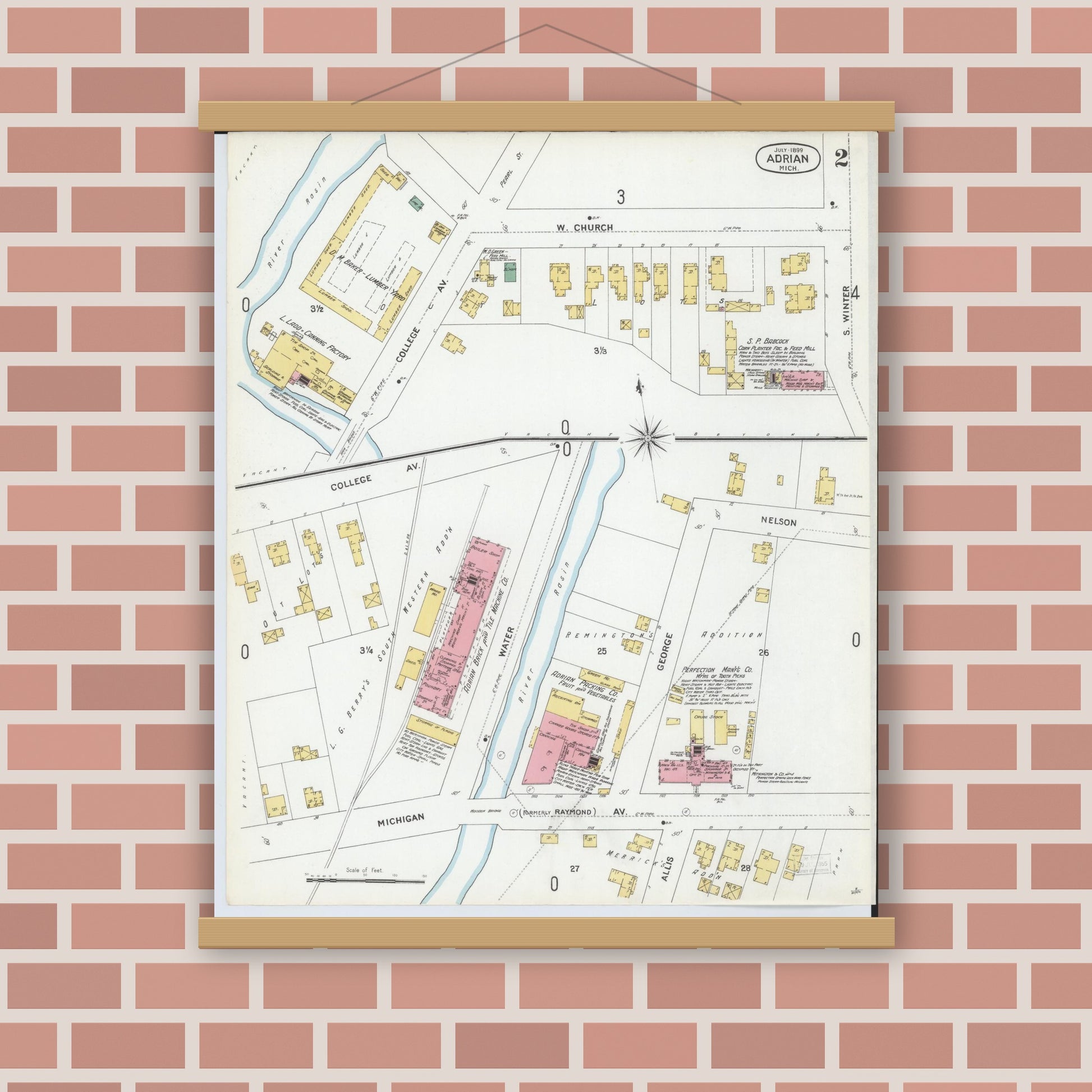 Old map wall art mockup — magnetic wood frame on brick wall — Sanborn Fire Insurance Map from Adrian, Lenawee County, Michigan (1899), Sheet #0002