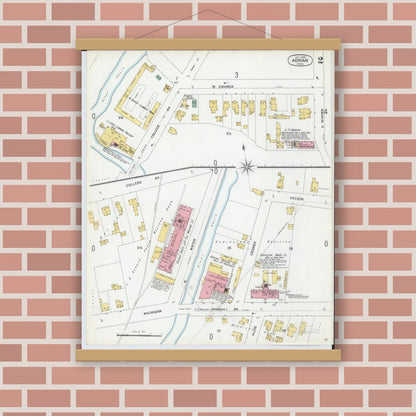 Old map wall art mockup — magnetic wood frame on brick wall — Sanborn Fire Insurance Map from Adrian, Lenawee County, Michigan (1899), Sheet #0002