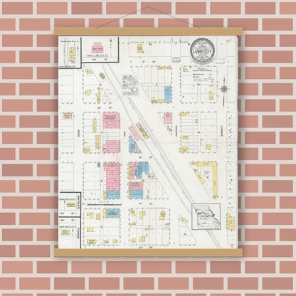 Old map wall art mockup — magnetic wood frame on brick wall — Sanborn Fire Insurance Map from Lowry City, Saint Clair County, Missouri (1927), Sheet #0001