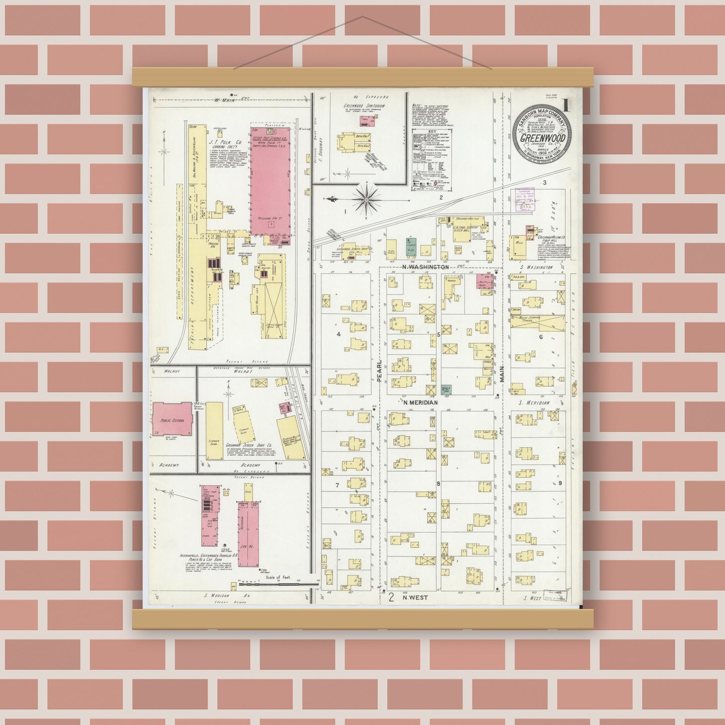 Old map wall art mockup — magnetic wood frame on brick wall — Sanborn Fire Insurance Map from Greenwood, Johnson County, Indiana (1902) - Complete Map Set
