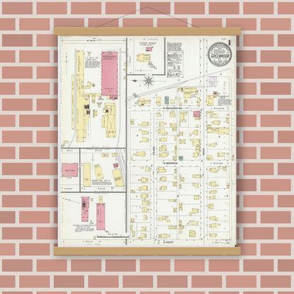 Old map wall art mockup — magnetic wood frame on brick wall — Sanborn Fire Insurance Map from Greenwood, Johnson County, Indiana (1902) - Complete Map Set