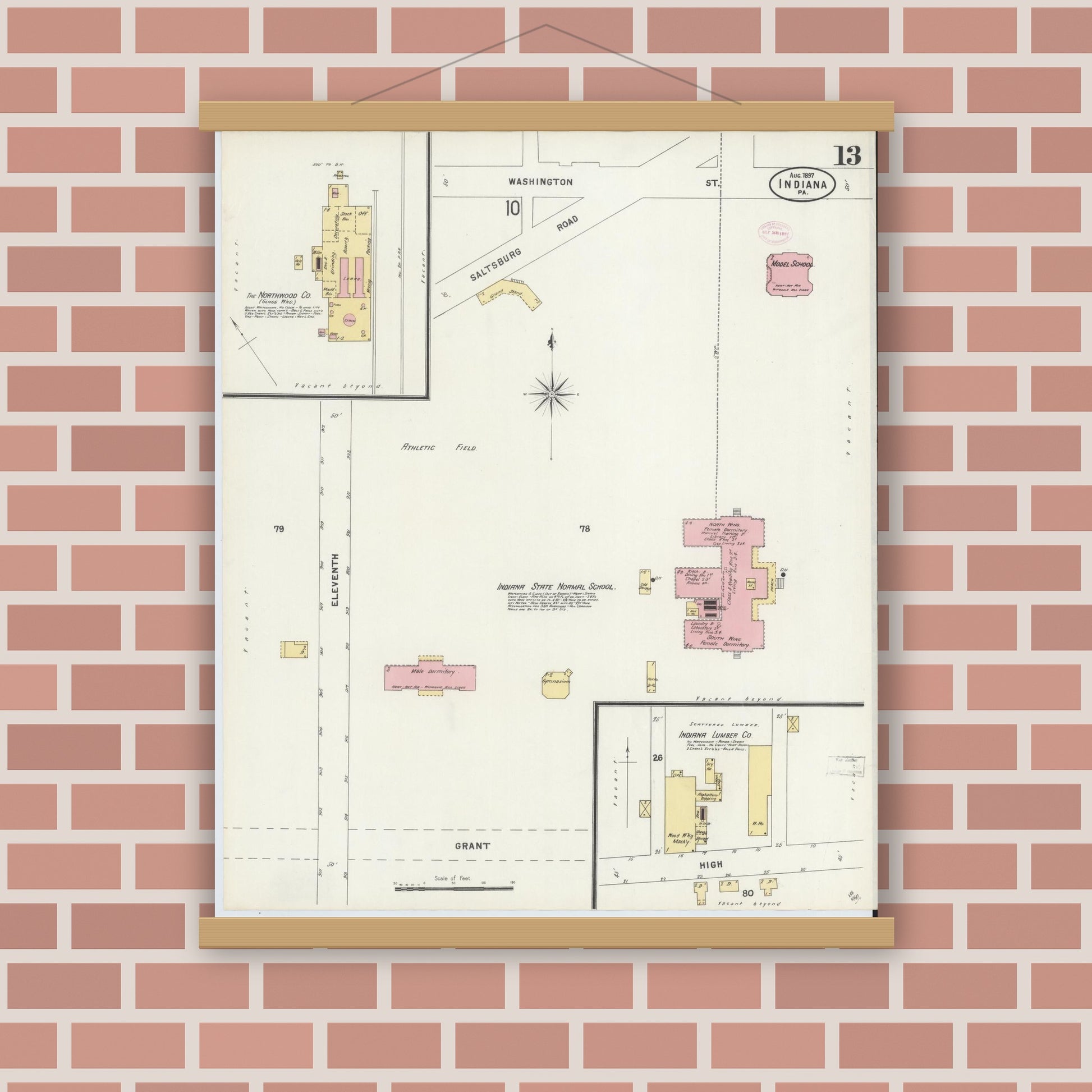 Old map wall art mockup — magnetic wood frame on brick wall — Sanborn Fire Insurance Map from Indiana, Indiana County, Pennsylvania (1888), Sheet #0013