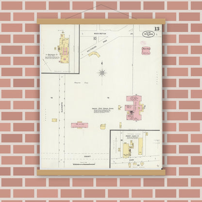 Old map wall art mockup — magnetic wood frame on brick wall — Sanborn Fire Insurance Map from Indiana, Indiana County, Pennsylvania (1888), Sheet #0013