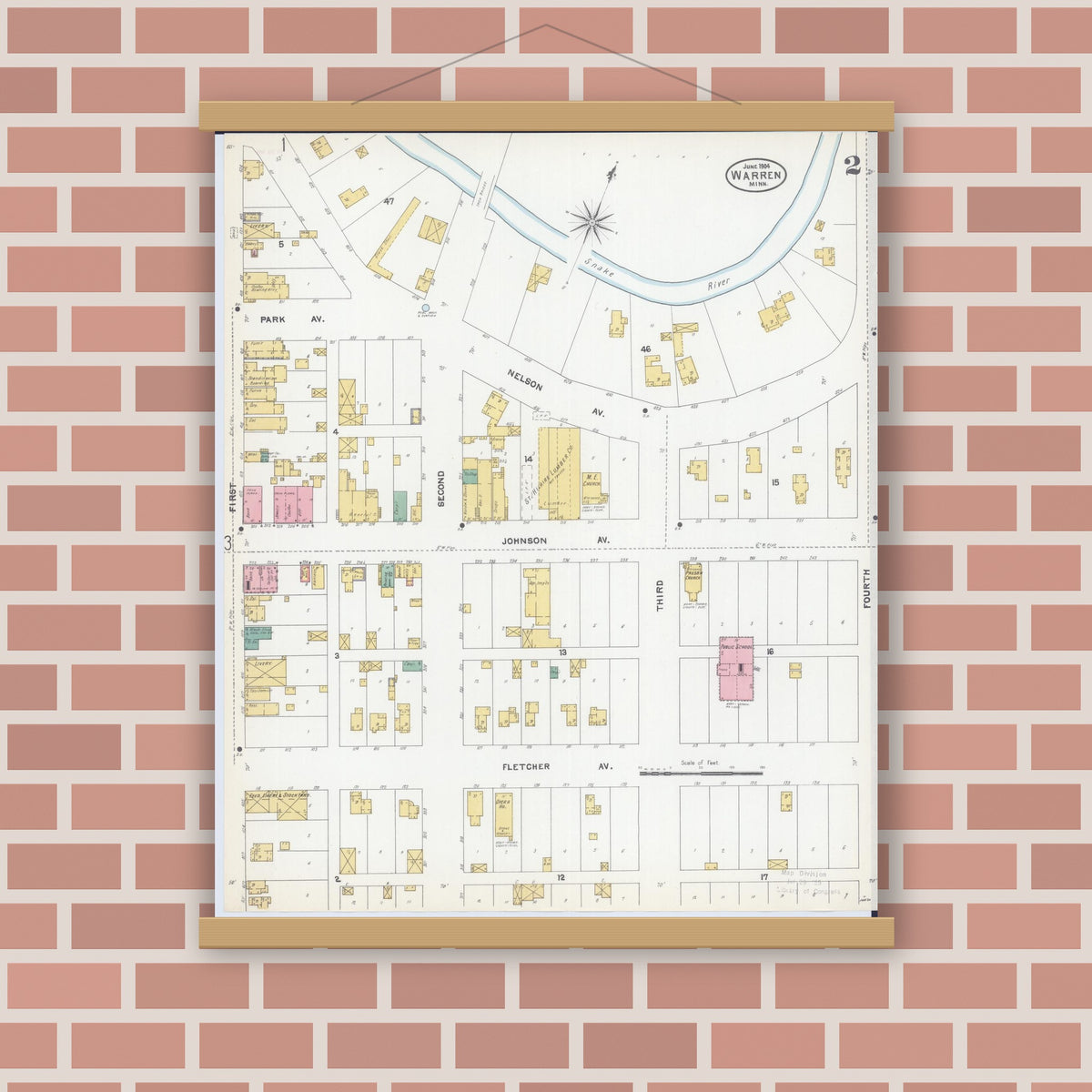 Old map wall art mockup — magnetic wood frame on brick wall — Sanborn Fire Insurance Map from Warren, Marshall County, Minnesota (1904), Sheet #0002