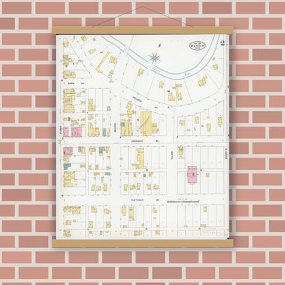 Old map wall art mockup — magnetic wood frame on brick wall — Sanborn Fire Insurance Map from Warren, Marshall County, Minnesota (1904), Sheet #0002
