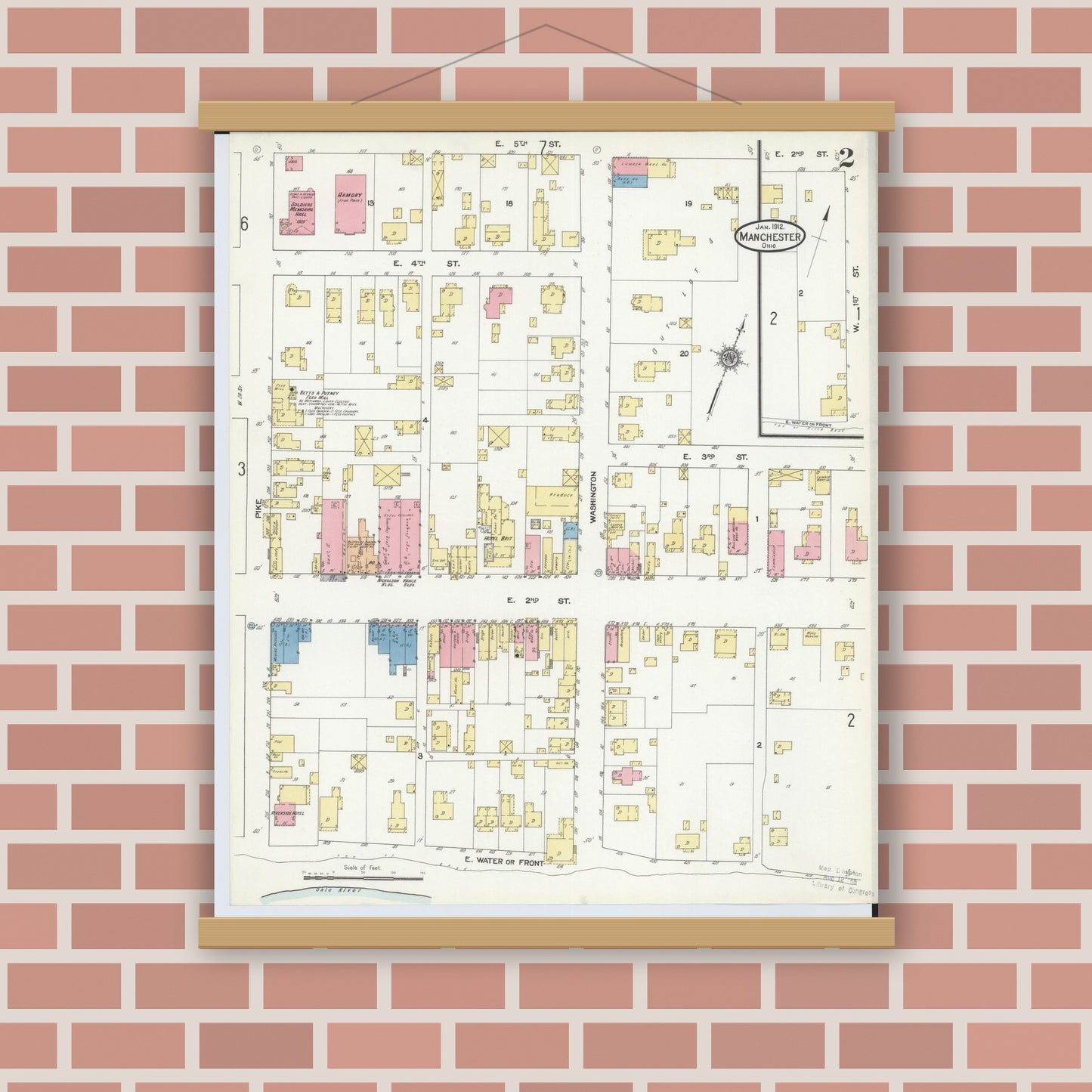 Old map wall art mockup — magnetic wood frame on brick wall — Sanborn Fire Insurance Map from Manchester, Adams County, Ohio (1912), Sheet #0002