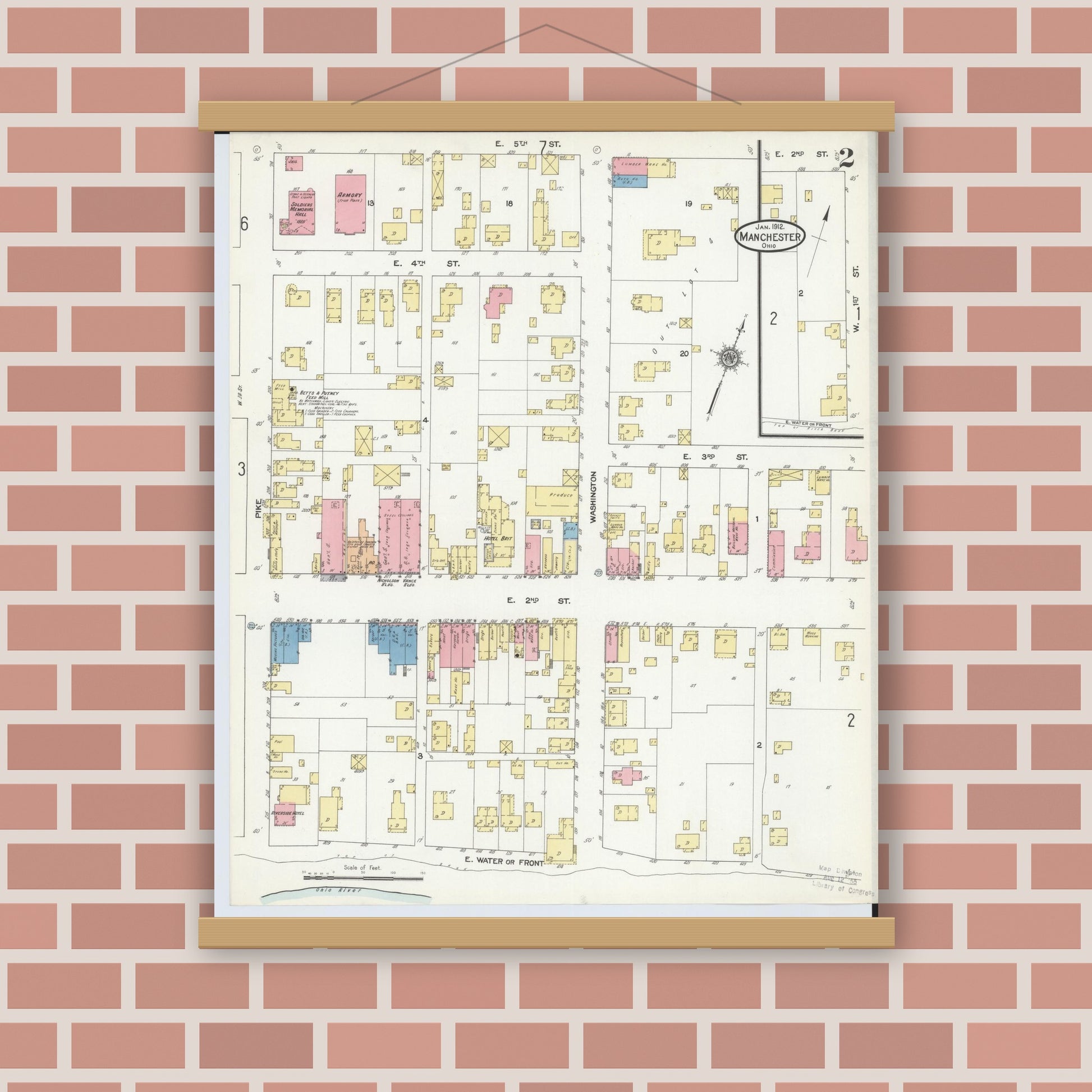 Old map wall art mockup — magnetic wood frame on brick wall — Sanborn Fire Insurance Map from Manchester, Adams County, Ohio (1912), Sheet #0002