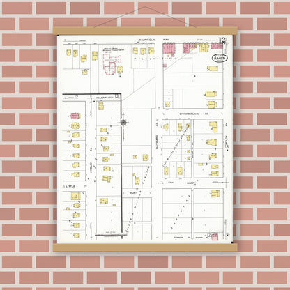 Old map wall art mockup — magnetic wood frame on brick wall — Sanborn Fire Insurance Map from Ames, Story County, Iowa (1920), Sheet #0012