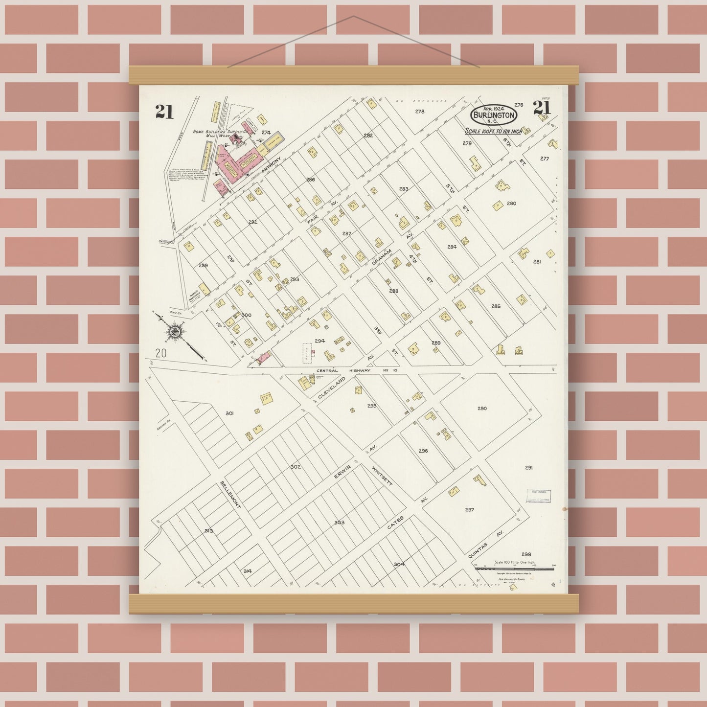 Old map wall art mockup — magnetic wood frame on brick wall — Sanborn Fire Insurance Map from Burlington, Alamance County, North Carolina (1924), Sheet #0021