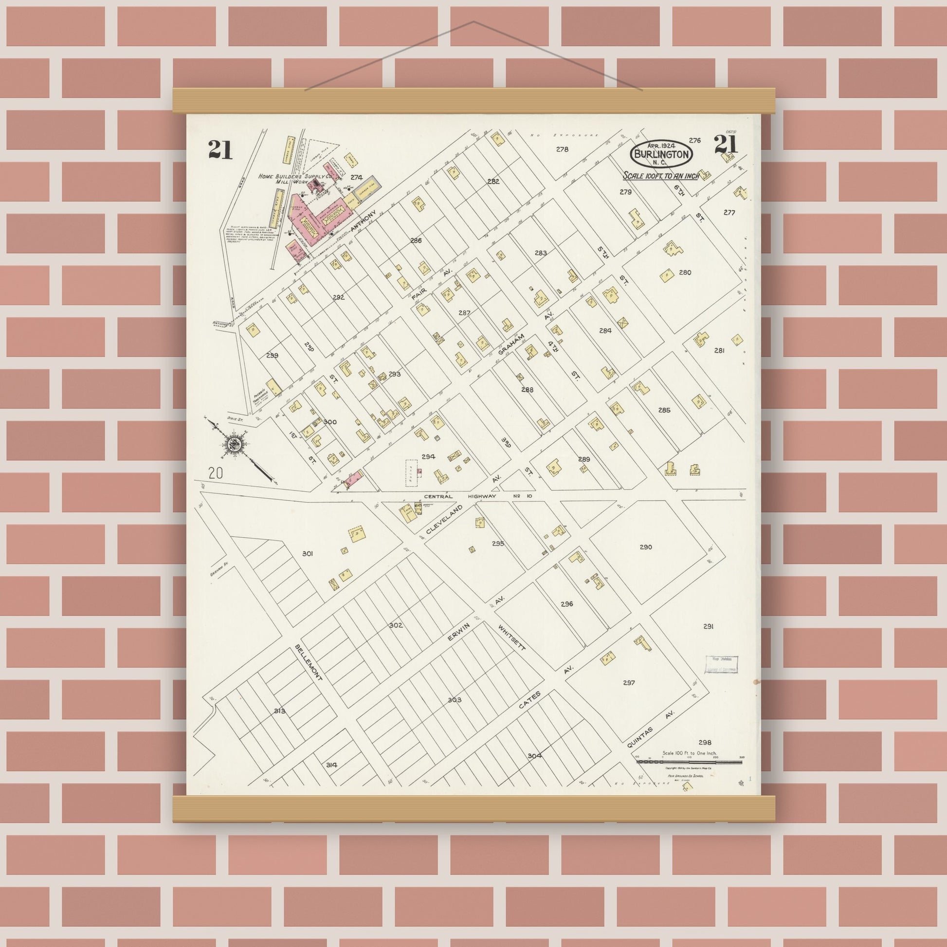 Old map wall art mockup — magnetic wood frame on brick wall — Sanborn Fire Insurance Map from Burlington, Alamance County, North Carolina (1924), Sheet #0021