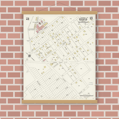 Old map wall art mockup — magnetic wood frame on brick wall — Sanborn Fire Insurance Map from Burlington, Alamance County, North Carolina (1924), Sheet #0021