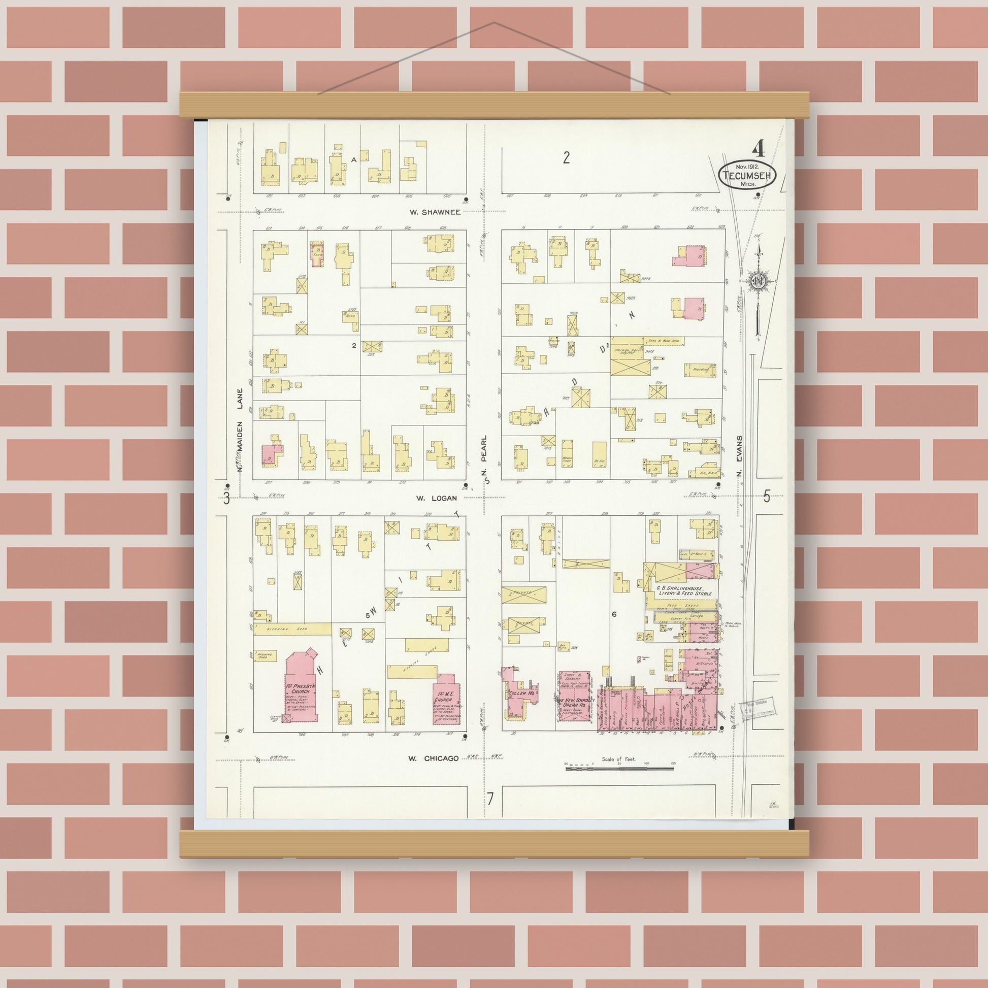 Old map wall art mockup — magnetic wood frame on brick wall — Sanborn Fire Insurance Map from Tecumseh, Lenawee County, Michigan (1912), Sheet #0004