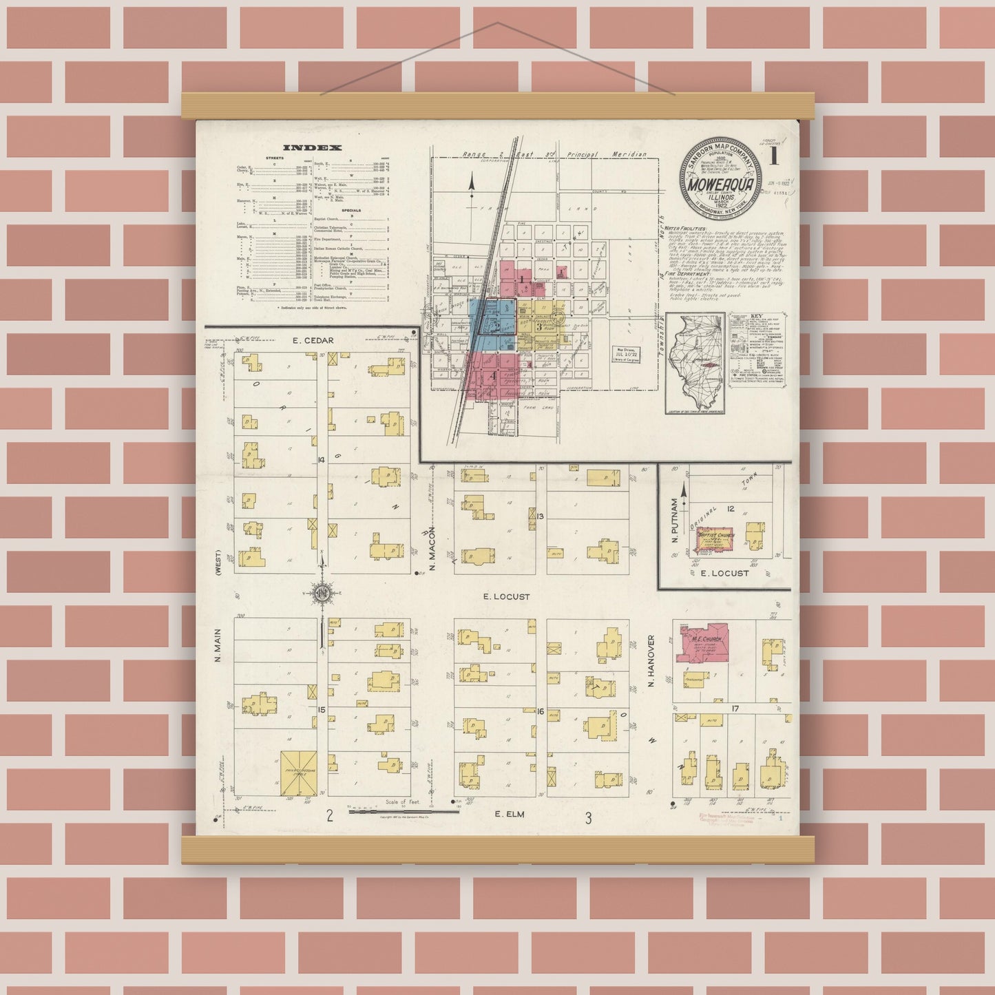 Old map wall art mockup — magnetic wood frame on brick wall — Sanborn Fire Insurance Map from Moweaqua, Shelby County, Illinois (1922) - Complete Map Set