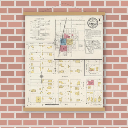 Old map wall art mockup — magnetic wood frame on brick wall — Sanborn Fire Insurance Map from Moweaqua, Shelby County, Illinois (1922) - Complete Map Set
