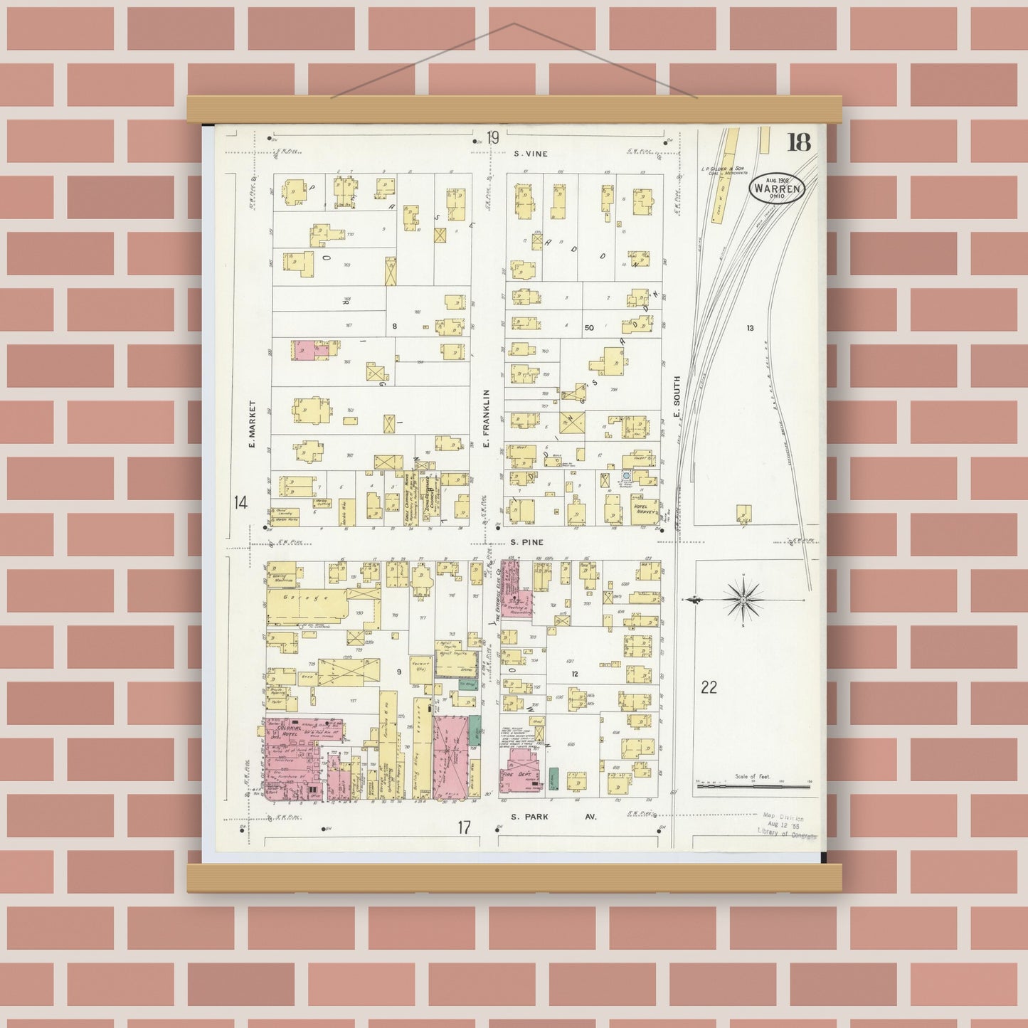 Old map wall art mockup — magnetic wood frame on brick wall — Sanborn Fire Insurance Map from Warren, Trumbull County, Ohio (1908), Sheet #0018