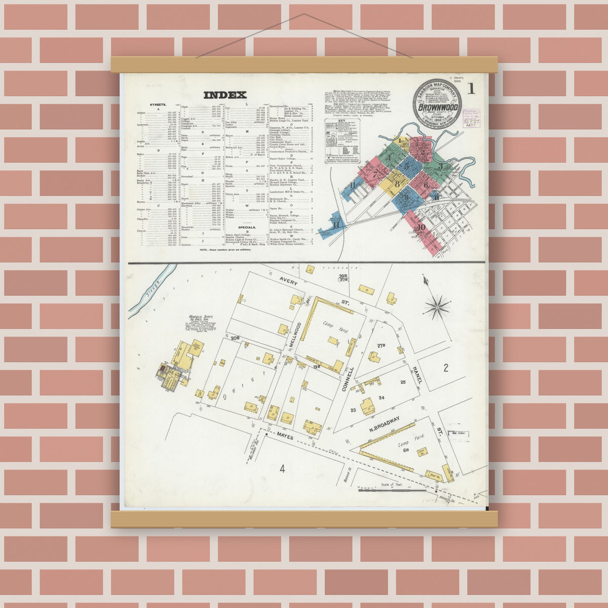 Old map wall art mockup — magnetic wood frame on brick wall — Sanborn Fire Insurance Map from Brownwood, Brown County, Texas (1904), Sheet #0001