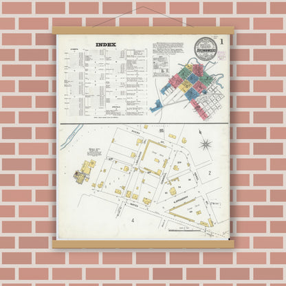 Old map wall art mockup — magnetic wood frame on brick wall — Sanborn Fire Insurance Map from Brownwood, Brown County, Texas (1904), Sheet #0001
