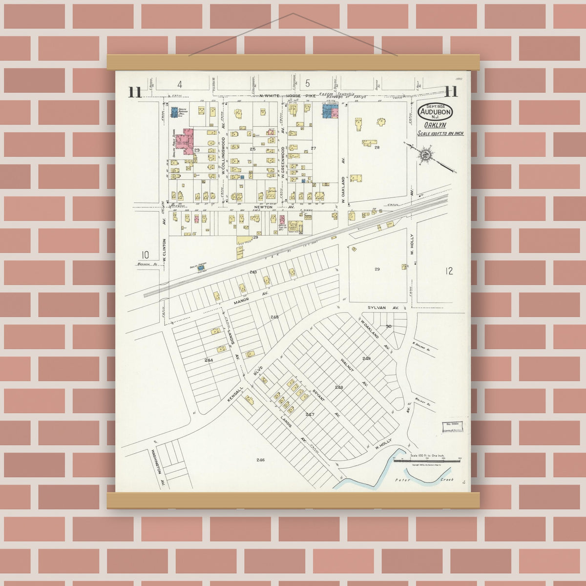 Old map wall art mockup — magnetic wood frame on brick wall — Sanborn Fire Insurance Map from Audubon, Camden County, New Jersey (1924), Sheet #0011