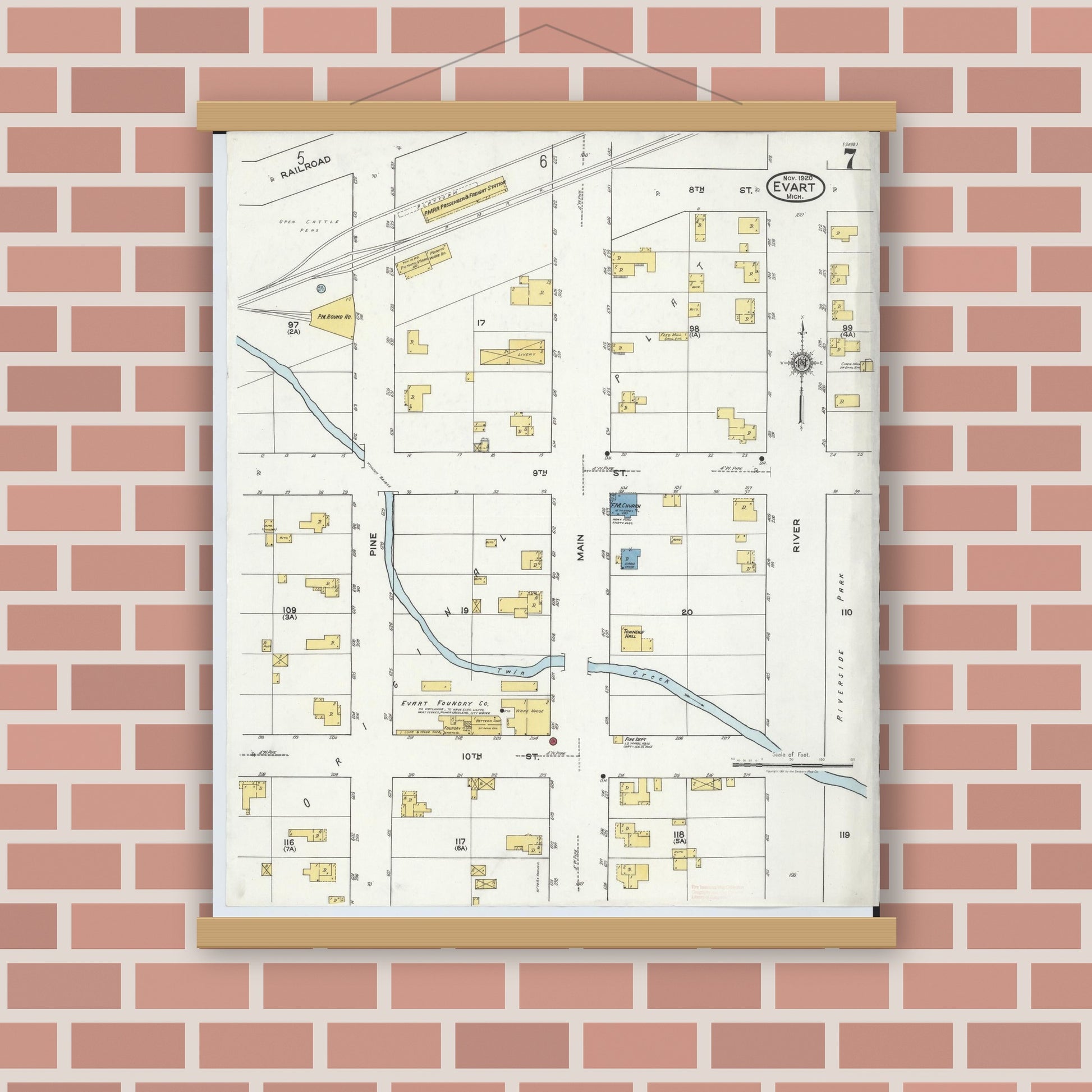 Old map wall art mockup — magnetic wood frame on brick wall — Sanborn Fire Insurance Map from Evart, Osceola County, Michigan (1920), Sheet #0007