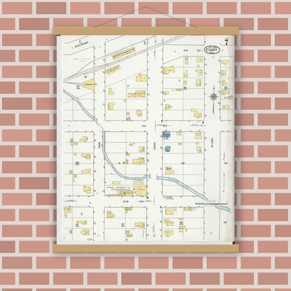 Old map wall art mockup — magnetic wood frame on brick wall — Sanborn Fire Insurance Map from Evart, Osceola County, Michigan (1920), Sheet #0007