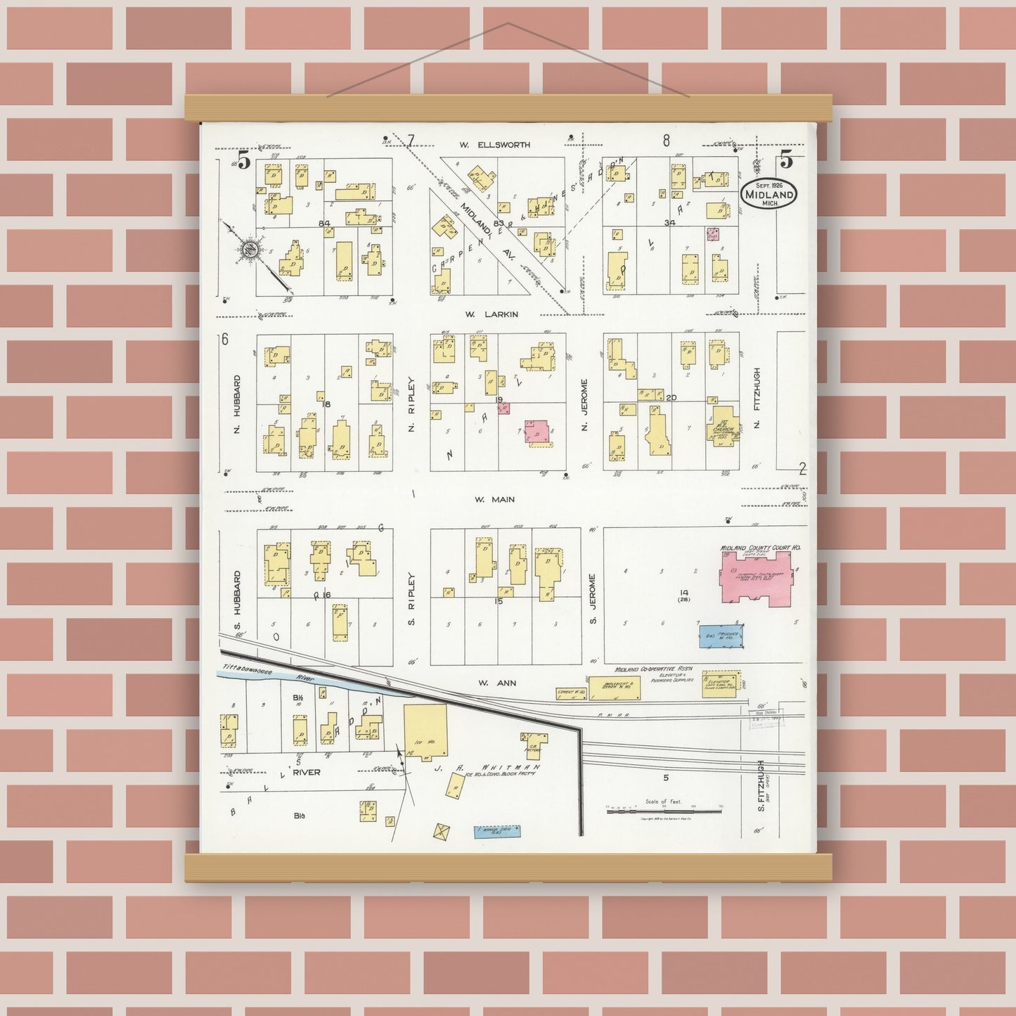 Old map wall art mockup — magnetic wood frame on brick wall — Sanborn Fire Insurance Map from Midland, Midland County, Michigan (1926), Sheet #0005