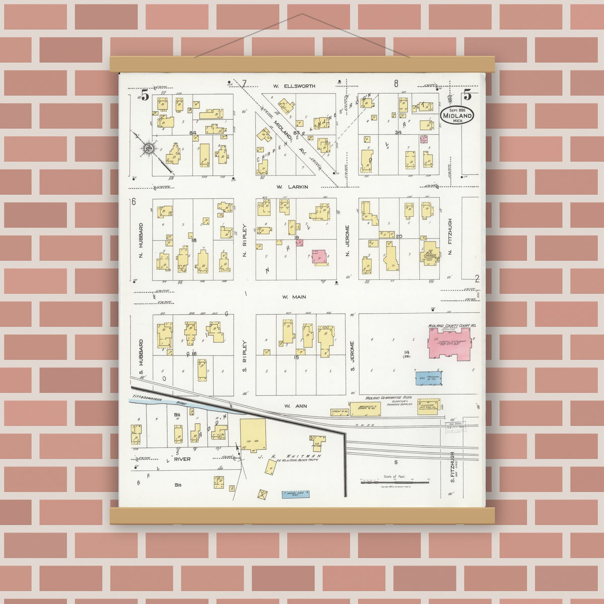 Old map wall art mockup — magnetic wood frame on brick wall — Sanborn Fire Insurance Map from Midland, Midland County, Michigan (1926), Sheet #0005