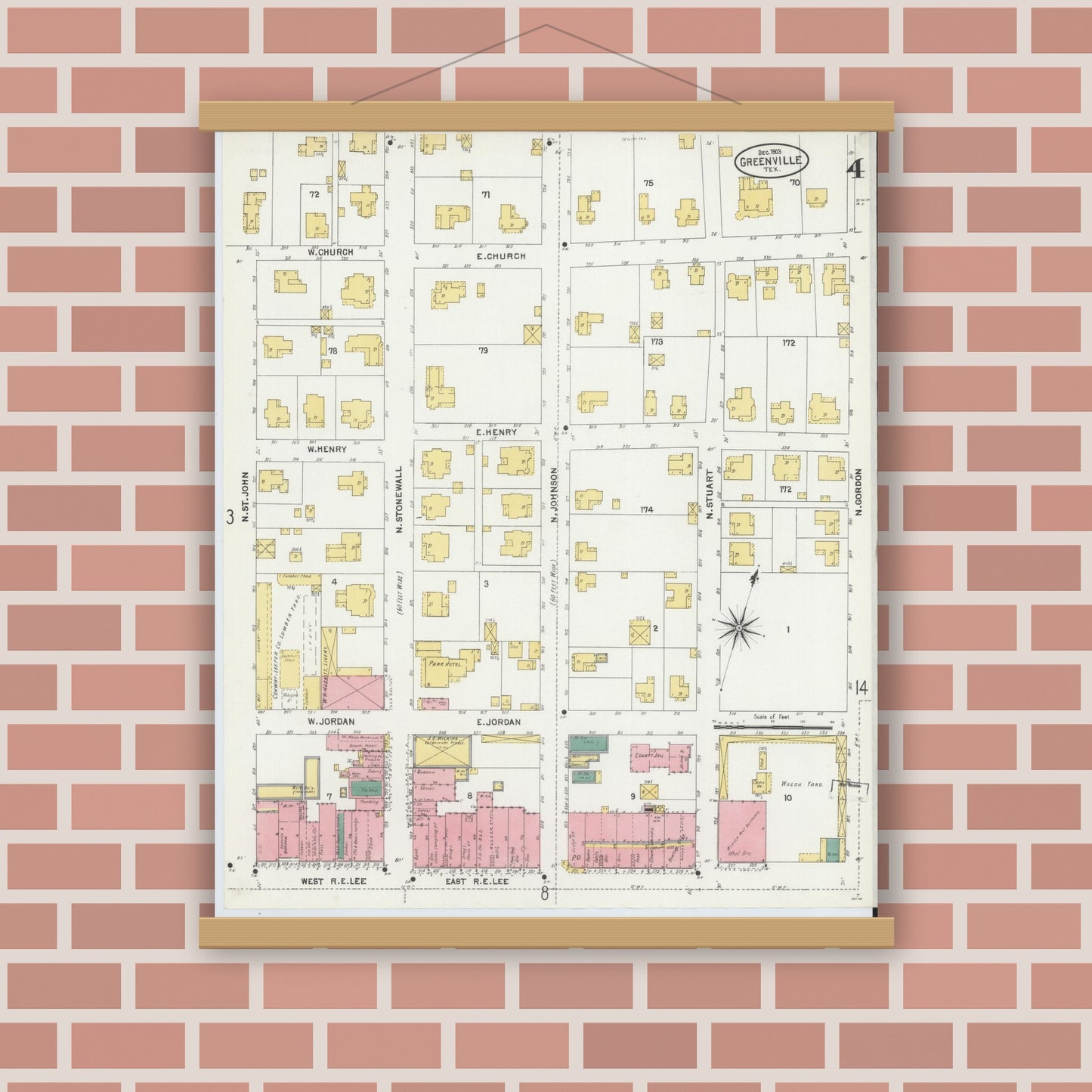 Old map wall art mockup — magnetic wood frame on brick wall — Sanborn Fire Insurance Map from Greenville, Hunt County, Texas (1903), Sheet #0004