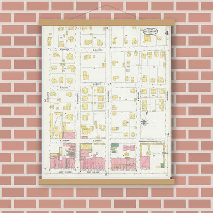 Old map wall art mockup — magnetic wood frame on brick wall — Sanborn Fire Insurance Map from Greenville, Hunt County, Texas (1903), Sheet #0004