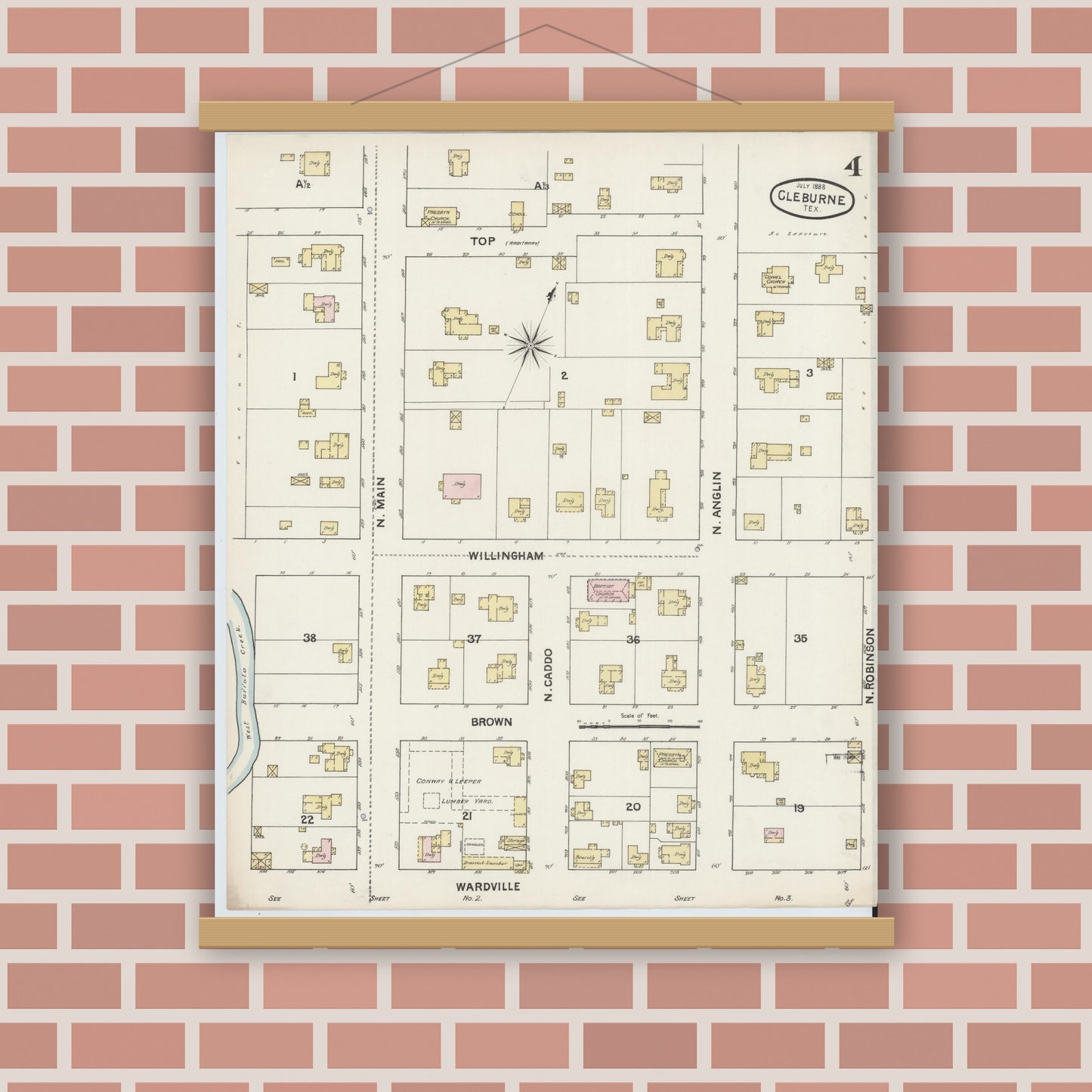 Old map wall art mockup — magnetic wood frame on brick wall — Sanborn Fire Insurance Map from Cleburne, Johnson County, Texas (1888), Sheet #0004