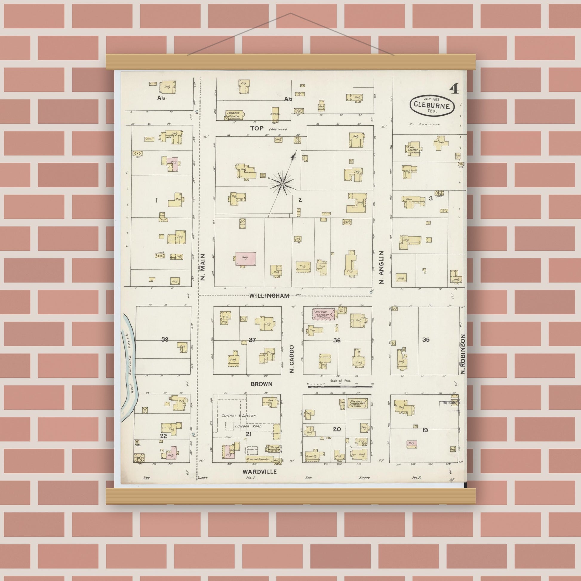 Old map wall art mockup — magnetic wood frame on brick wall — Sanborn Fire Insurance Map from Cleburne, Johnson County, Texas (1888), Sheet #0004