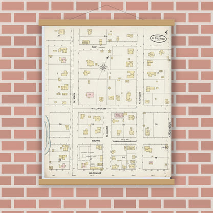 Old map wall art mockup — magnetic wood frame on brick wall — Sanborn Fire Insurance Map from Cleburne, Johnson County, Texas (1888), Sheet #0004