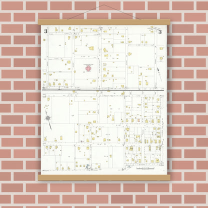 Old map wall art mockup — magnetic wood frame on brick wall — Sanborn Fire Insurance Map from Groveton, Trinity County, Texas (1933), Sheet #0003