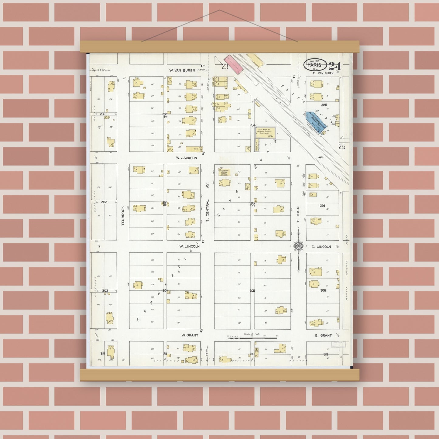 Old map wall art mockup — magnetic wood frame on brick wall — Sanborn Fire Insurance Map from Paris, Edgar County, Illinois (1916), Sheet #0024