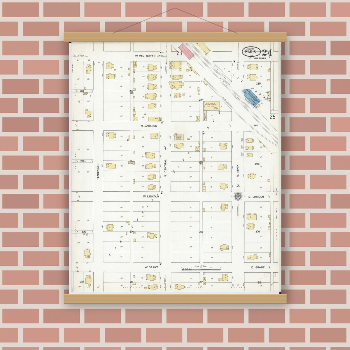 Old map wall art mockup — magnetic wood frame on brick wall — Sanborn Fire Insurance Map from Paris, Edgar County, Illinois (1916), Sheet #0024